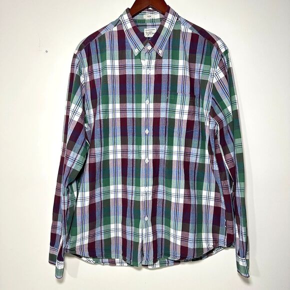 J.Crew Mens Slim Fit Plaid Shirt XL Green Red Blue Button Down Cotton Casual - Picture 2 of 7